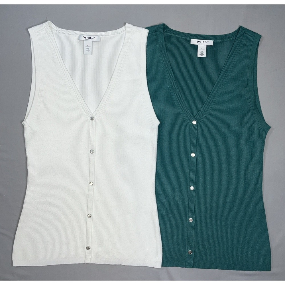 Lot Of 2 WHBM Green White Ribbed Knit Button-Front Tank Top Large NWOT